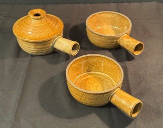 3 Vintage Tongine Soup Bowls Stoneware Crock With Handle With One Vented Lid