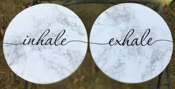 2 Modern Inhale Exhale Artwork On Marbleized Round Canvas Wall Hangings