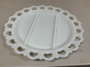 Vintage Anchor Hocking Old Colony White Milk Glass Divided Serving Platter Open Heart Lace Edge