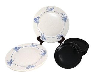 Pair Of Arcopal France Crackle Dinnerware & 6 Mainstays Black Plates
