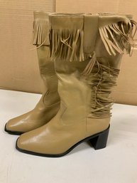 Vintage Tan Leather Fringe Western Boots Chunky Block Heal Woman Size 8 Half Wide Zippered Side