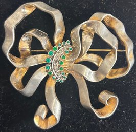 Large Ribbon Brooch With Green & Clear Rhinestone Detailing