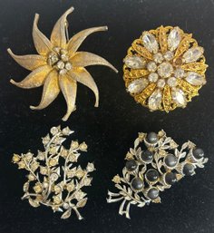 4 Floral Rhinestone Brooches