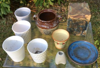 Lot Of 9 Pieces Of Pottery - Sugar Bean Pot, Hope Box, Planters, Etc.