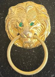 Vintage Lion Head Door Knocker Brooch W/ Green Rhinestone Eyes