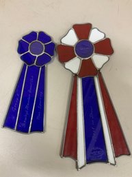 Pair Of 2004 Leaded Stain Glass Window Catchers Ribbon Awards For Best In Show Kennel Show