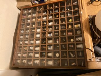 Lot Of Vintage Thimbles In Wood Display Case