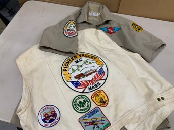 Various Vintage Patches Sewn On Vest And Shirt Pioneer Valley Motorcycle Club Mohawk Trail Rhinebeck Aerodrome