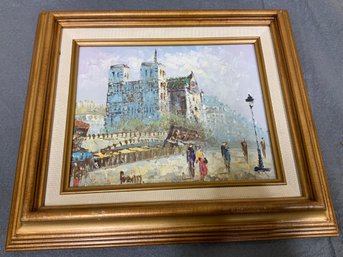 Oil Painting On Board By Artist Caroline Burnett Of A Paris Street Scene Featuring The Notre Dame Cathedral