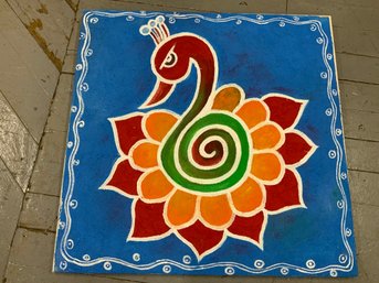 Vintage Vibrant Folk Art Of A Traditional Inidan Rangoli Colorful Peacock Hand Painted On Canvas
