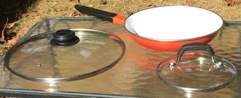 MCM Descoware Red Enamelware Pan & 2 Glass Pan Lids Including Cuisinart & Smart Living