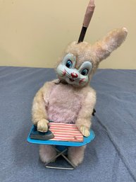 Vintage 1950s Key Wind Up Mohair Rabbit Toy Made In Japan Motion Iron Board Still Works