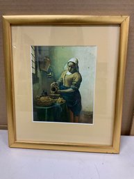 Framed Reproduction Of Johannes Vermeers Milkmaid In Gold Frame