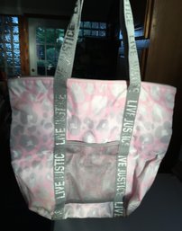 Pink And Gray Leopard-Print Tote Bag From Justice W/ 'LIVE JUSTICE' Gray Shoulder Straps & Mesh Pocket