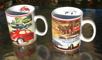 Pair Of Vintage Classic Car Coffee Mug Cups - 60s Volkswagen Beatle, 58 Chevy Impala, 50s Ford T-Bird