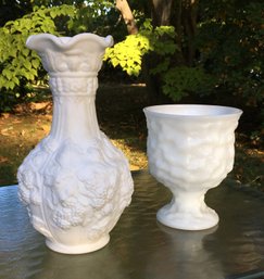 Lot Of 2 MCM Milk Glass Vases - Imperial Loganberry Pattern Vase & E.O. Brody Hobbed Pedestal