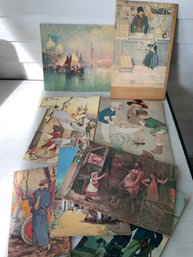 Various 1930s Era Wooden Uncut Puzzle Pictures Mounted On Wood