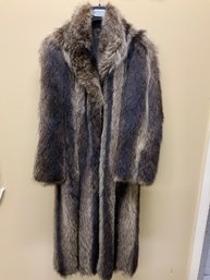 Vintage FULL Length Raccoon Fur Coat Long Hair Variegated Vertical Pelts Brown Cream Tan Black Silk Lined