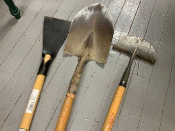 Lot Of 3 Used Yard Tools Spade Shovel Ice Chopper And Turf Edger Long Wood Handles