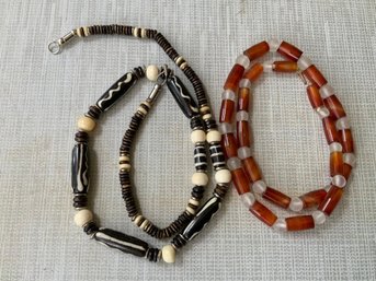 Vintage Carnelian And Rock Crystal Beaded Necklace And Tribal Style Black And White Batik Beads