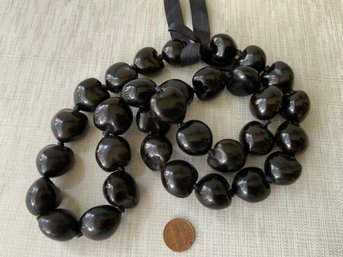 Vintage Polished Black Kukui Nut Lei Necklace On Black Ribbon