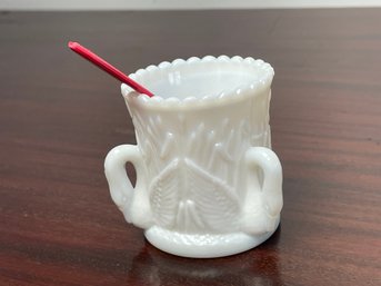 Mid Century Swan Milk Glass Toothpick Holder By Westmoreland, With Added Spoon