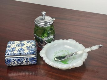 Vintage Tabletop & Condiment Collection  Delft Box, Green Glass Mustard Jar & Milk Glass Dish