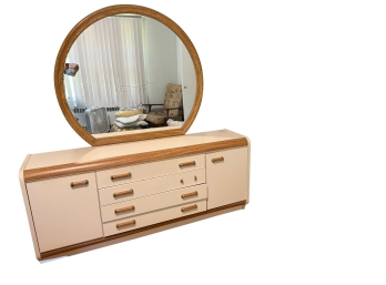 Vintage Pencil Reed/split Bamboo Lowboy Dresser Featuring A Prominent Matching Circular Arched Frame Mirror