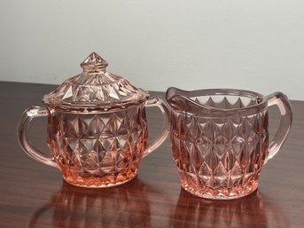 Depression Pink Glass Covered Sugar & Creamer Set, Windsor Pink By Jeannette Glass Co, Circa 1930s