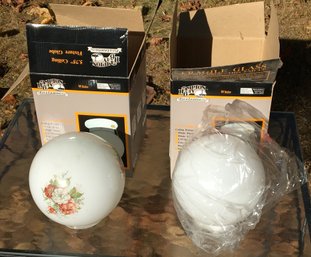 2 Milk Glass Lighting Globe Shades - 1 Plain, 1 Floral W/ Flowers