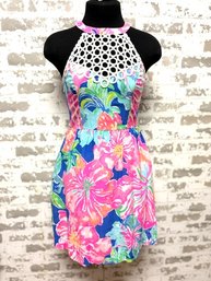Lilly Pulitzer Tropical Floral W/ White Embroidered Neck Detail Racer Back Dress - Size 00