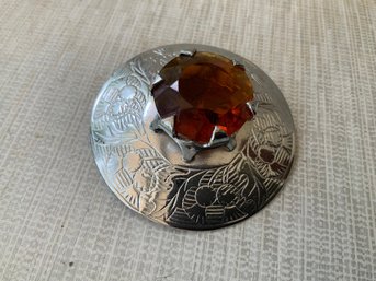 Vintage Mizpah Large Scottish Kilt Pin Brooch With Amber Glass Center Stone