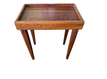 Vintage Solid Oak Tray-top Side Table Features A Raised Gallery Edge And Distinctive Splayed Tapered Legs