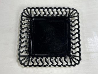 Victorian Era Black Glass Square Plate, Reticulated Lace Edge