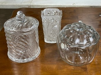 Vintage Glass Lot, Two Biscuit Jars & Crystal Vase