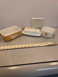 Pyrex Butter Dish And Two Small Bowls With Glass Lids