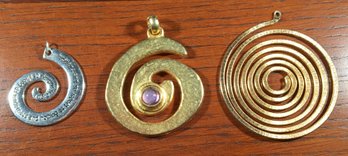3 MCM Mid Century Modern Moon Stone Swirl Coil Jewelry Pendants For Necklace - Untested Gold & Silver