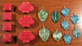 Lot Of 16 Pcs Carved Red Coral Beads & Colored Glass Leaf Pendants For Jewelry Making, Crafts, Home Decor