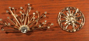 2 MCM Mid Century Modern Rising Sun Face W/ Stones Jewelry Pendants For Necklace Pins Etc - Untested Gold