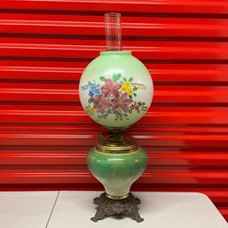 Antique Gone With The Wind Style Green Floral 26.5-Inch Table Parlor Lamp