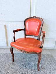 Vintage French Louis XV Style Carved Wooden Armchair With Leather Upholstry And Gilt Tooling Detail