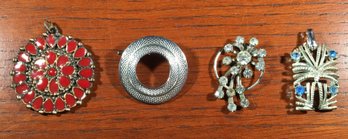 4 MCM Mid Century Modern Cloisonne & Rhinestones Jewelry Pin & Pendants For Necklace - Untested Gold & Silver