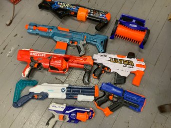 Collection Of 7 Various Played With Condition NERF Toy Blasters