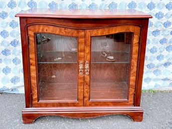 Vintage Pecan And Burlwood Double Door Lighted Brake Front Display Cabinet