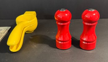 Vintage Ole Thompson Red Salt & Pepper Shakers And A Yellow Lemon Press