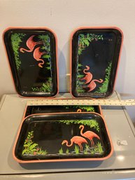 4 Mid Century Pink Flamingo Serving Trays With Stands