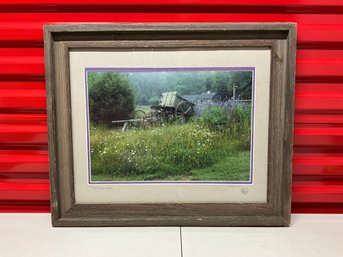Framed Photography Titled 'Foggy Field, Maine' With Cart & Wildflowers (23.5x19.5) Ref: LM