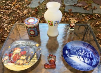 Lot Of 6 Christmas Items - Glass Bell, Vase, 2 Plates, Santa Airtight Canister & Acrylic Lucite Boot Ornament
