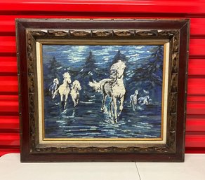 Fabulous Vintage Framed Needlepoint White Horses Galloping Through Water (27.5x23.5) Ref: LM