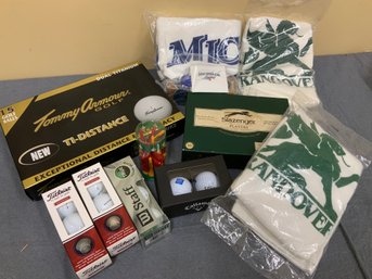 Collection Of Unused Various Golf Items Including Sealed Sample Packs With Towels And Golf Balls And Tees